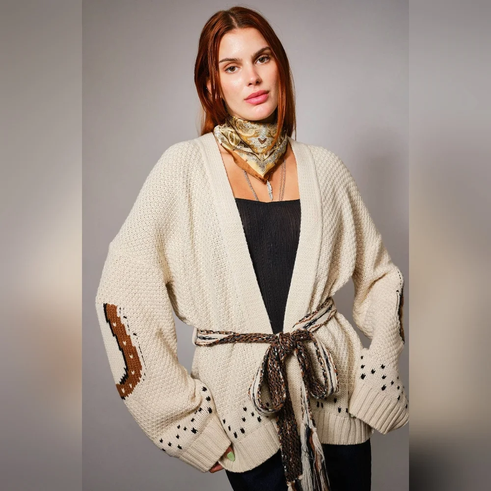 NWT Lucky And Blessed Western Embroidered Horse Belted Cardigan Sweater - Picture 3 of 11